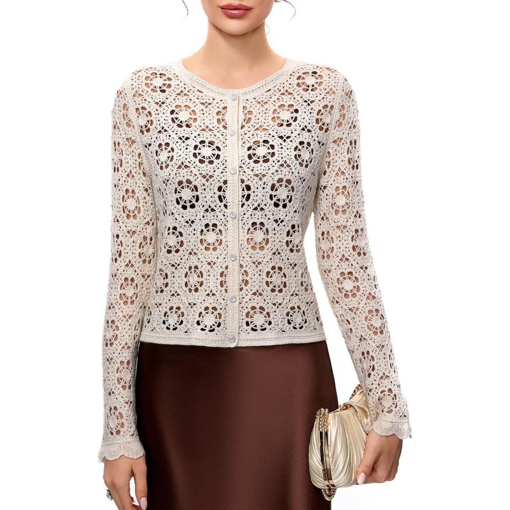 Women's Crochet Cardigan Wool Blend Golden Thread Vintage Crop Sweater